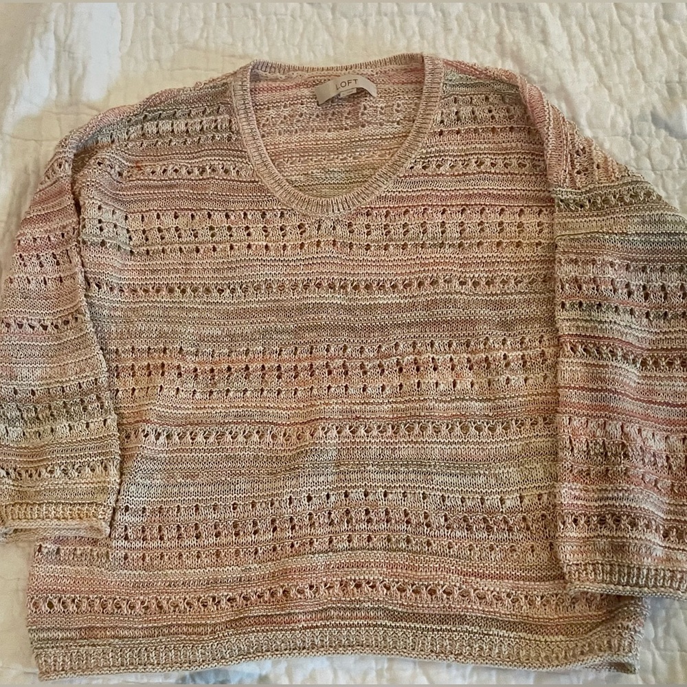 Loft open weave multicolor cropped sleeve lightweight sweater